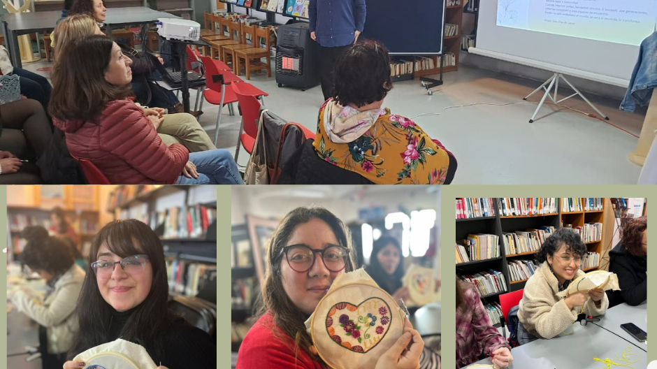 Participantes del taller de bordado “Olas de Lanas” en la Biblioteca Regional de Los Lagos.
