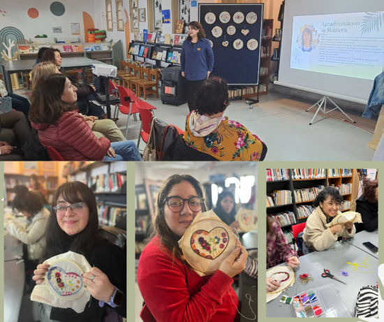 Participantes del taller de bordado “Olas de Lanas” en la Biblioteca Regional de Los Lagos.