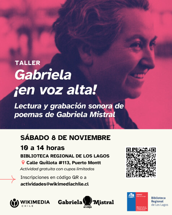 Participantes del taller “Gabriela ¡en voz alta!” lectura y grabación poemas de Gabriela Mistral en la Biblioteca Regional de Los Lagos, guiados por instructores y equipo de grabación.